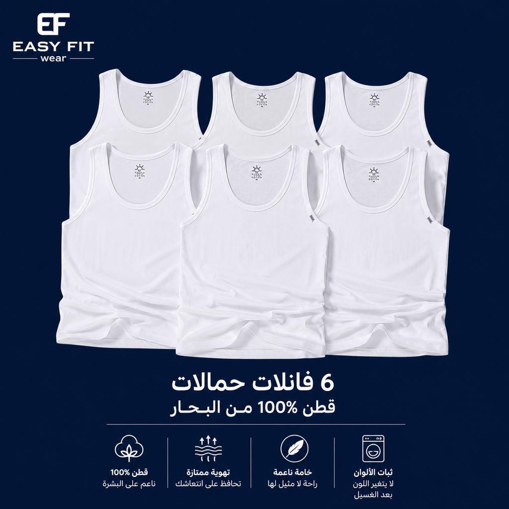 عرض 6 فانلات حمالات ابيض رجالي قطن 100% من البحار | Easy Fit Wear