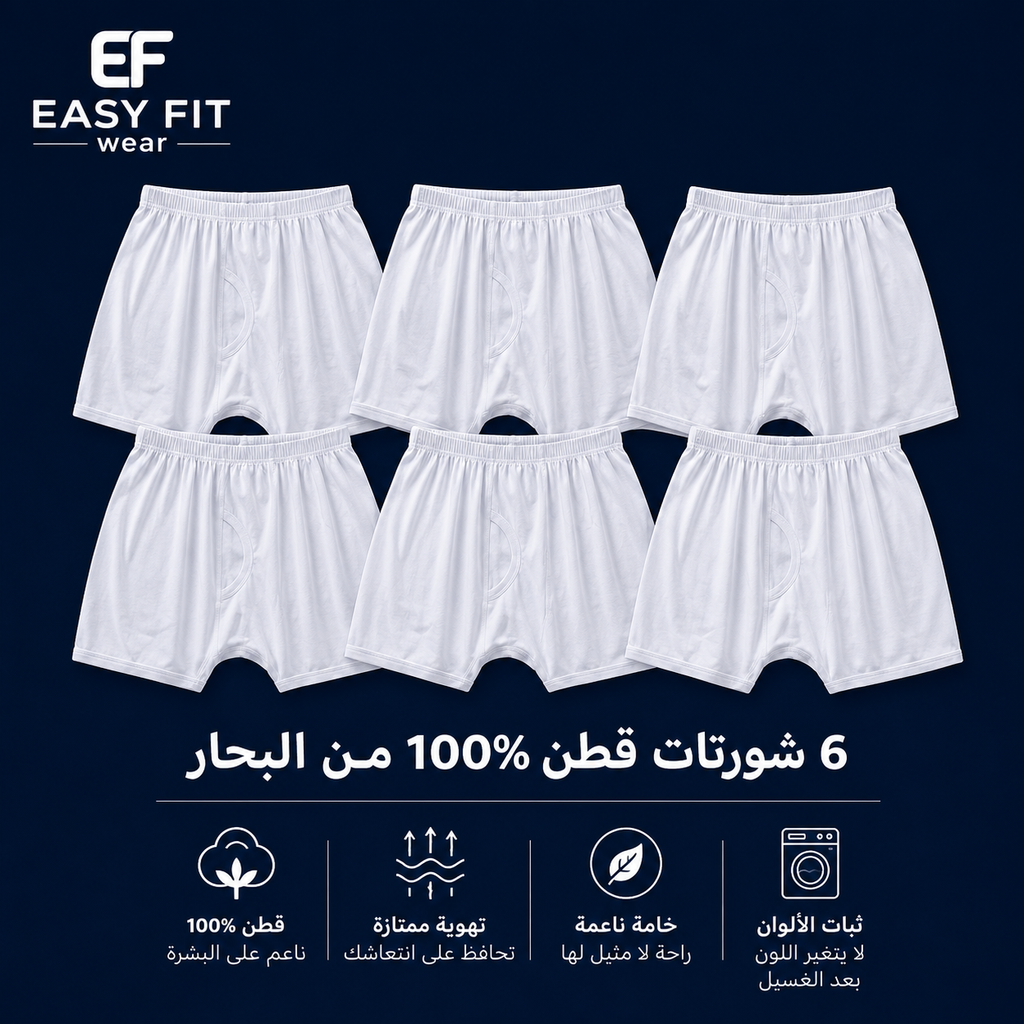 عرض 6 شورت داخلي رجالي قطن 100% أبيض – البحار